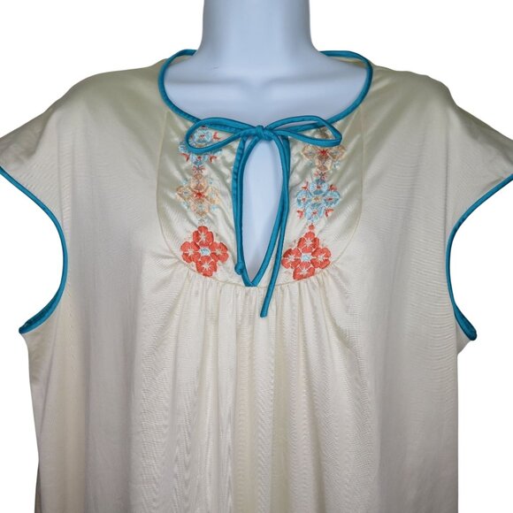 Vintage 70s Peignoir Set Full Length Nylon Nightgown Robe L Embroidery Blue Trim - Picture 7 of 16